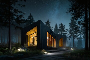 Modern cabin glowing warmly under the night sky, nestled amongst tall trees in a tranquil forest setting. Serene and inviting.