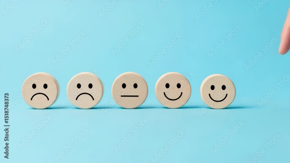 Poster hand selecting a smiling face emotion disc from a row of emotion discs on a blue background surface