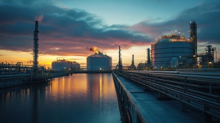 Industrial Horizon: Petrochemical Complex at Twilight with Water Reflections