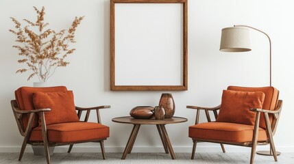 Two orange armchairs and a wooden coffee table in a minimalist living room.