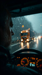 Professional Truck Driver Navigating Rainy Highway: Night Driving Safety in Foggy Conditions