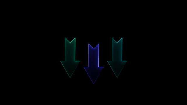 Down arrow. Glowing neon icon on brick A neon arrow pointing upwards on a dark black background