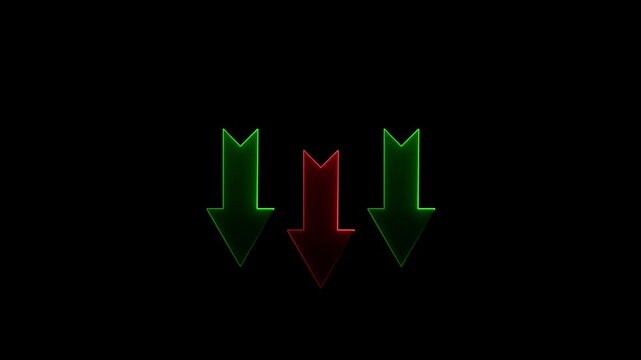 Down arrow. Glowing neon icon on brick A neon arrow pointing upwards on a dark black background