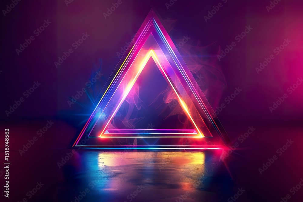 Wall mural group of glowing neon triangles with sharp angles and dynamic gradients, isolated on black backgroun