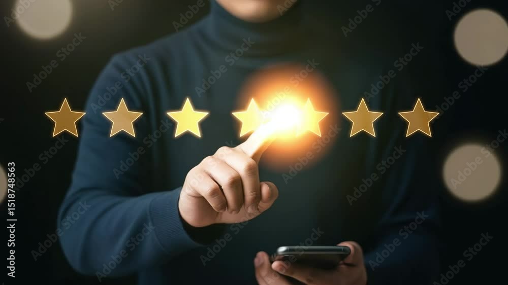 Poster person pointing at glowing star with mobile phone and star rating system in the background