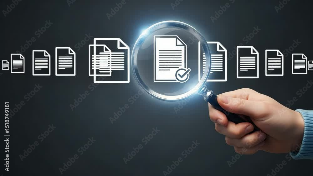 Poster Hand holding magnifying glass over document with check mark on dark background with files icons