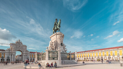 Praca do Comercio or Commerce Plaza. Statue of King Jose I timelapse hyperlapse. © HyperlapsePro