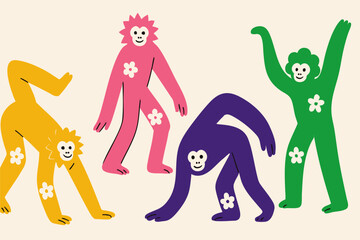 Monkey club illustration, colorful minimalist style, mid-century modern, childlike shapes, whimsical character design, no outlines, solid colors, stylized proportions
