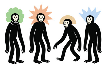 Monkey club illustration, colorful minimalist style, mid-century modern, childlike shapes, whimsical character design, no outlines, solid colors, stylized proportions