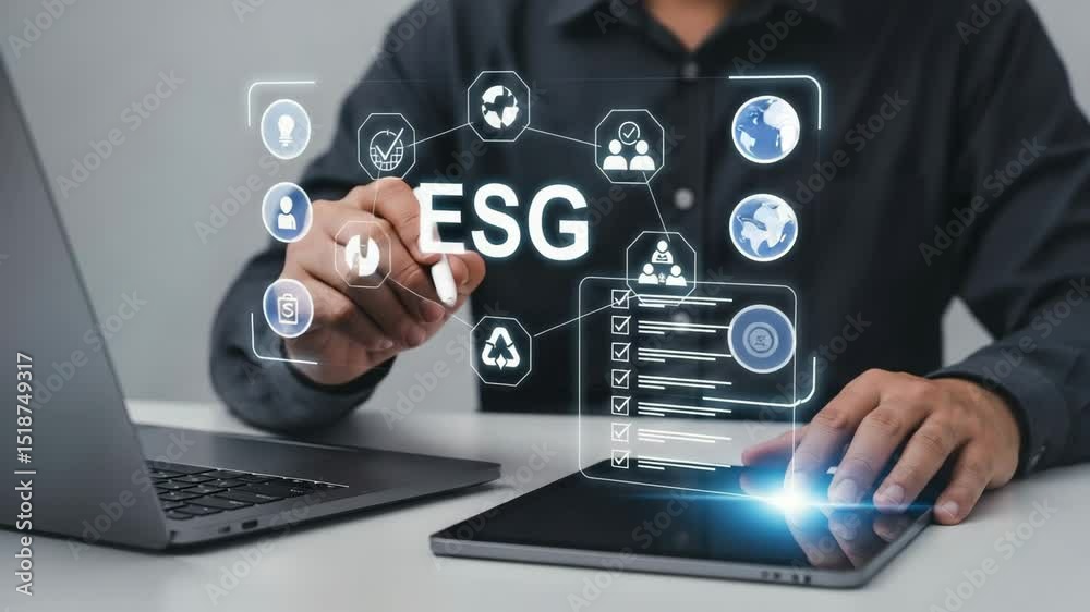 Aufkleber Man using a pen on a tablet with esg icons and laptop on desk in a corporate setting for business