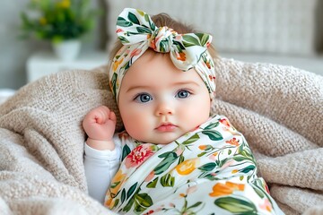 Adorable baby wrapped in floral blanket cozy home photography soft lighting close-up innocence