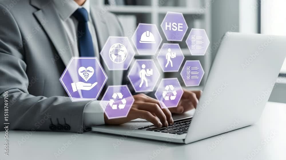Poster man in suit typing on laptop with health safety environment icons hovering above the keyboard area