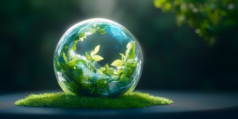 A stunning glass sphere encapsulating vibrant greenery, symbolizing nature's beauty and the importance of environmental preservation. Ideal for promoting eco-friendly concepts.