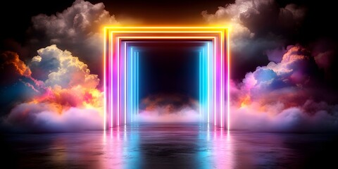 Obraz premium A vibrant, surreal scene featuring illuminated neon arches against a backdrop of colorful clouds and reflective water, creating a dreamlike atmosphere that invites imagination.