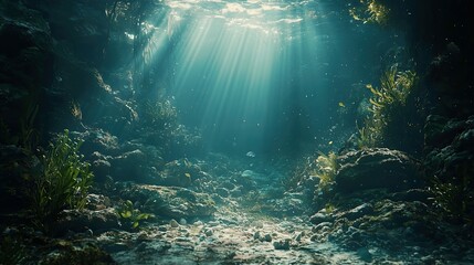 Obraz premium Stunning underwater scene: sunbeams illuminate serene aquatic world - explore vibrant coral reefs, lush seagrass, and mystical rocks. perfect for aquariums, wallpapers, and ocean-themed projects.