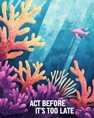 Fototapeta premium Ocean conservation: act before it's too late! vibrant coral reef illustration promoting urgent marine life protection and environmental awareness.