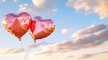 Fototapeta premium Two heart-shaped balloons float against a serene sky, embodying love and joy. Perfect for romantic occasions or celebrations, these balloons add a whimsical touch to any event.