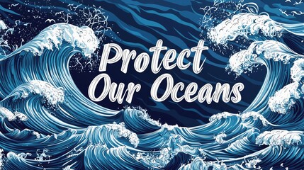 Protect our oceans: stunning ukiyo-e style wave  | ocean conservation poster |  environmental awareness graphic | blue wave illustration | marine life protection advocacy