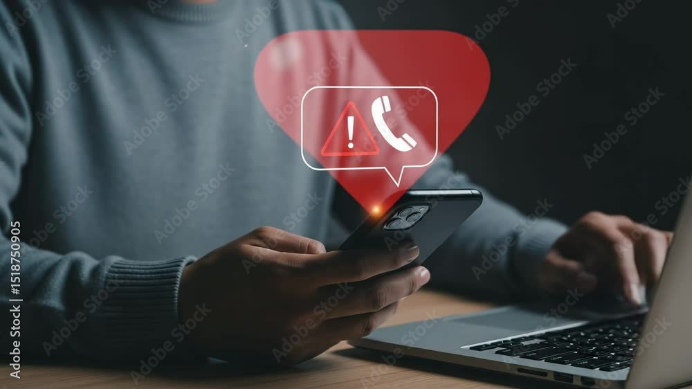 Poster Person using laptop and phone with alert notification displayed on the smartphone screen overlay