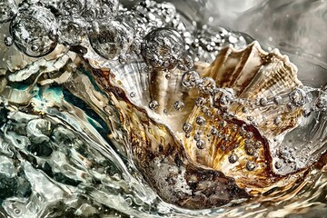 Seashell submerged: abstract underwater photography of bubbles and a shell