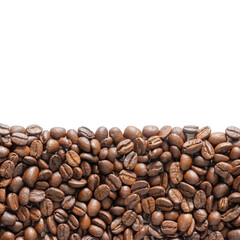 Many roasted coffee beans on white background. Coffee beans border with area for copy space. Close up images.
