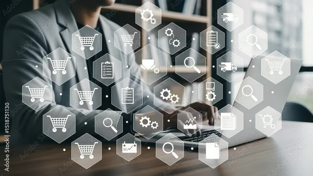 Poster person in blazer using laptop with overlayed business process automation icons on a wooden desk