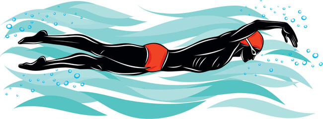Swimmer performing a front crawl stroke, capturing speed and fluid movement.
