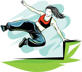 illustration of a person performing a dynamic parkour jump over a fence in an urban setting.