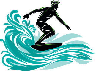 Surfer catching a wave, showcasing motion and aquatic energy.