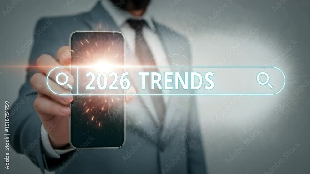 Poster Man in suit holding phone with search bar displaying “2026 trends” on screen with light flare