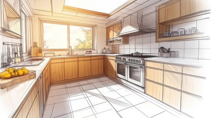 A sketch of a modern kitchen design.