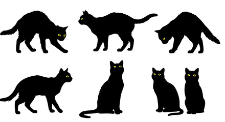 Six Silhouettes of Black Cats in Various Poses