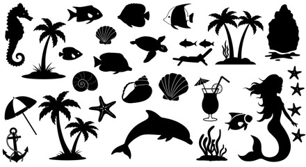 Black Silhouette Collection of Beach Ocean and Tropical Themed Elements
