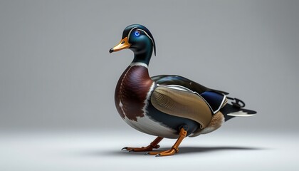 robotic wood duck with iridescent metallic feathers and glowing blue eyes, full body, pure white background, sharp focus, 300 dpi, 4k resolution   negative fastnegativev2, bad hands 5