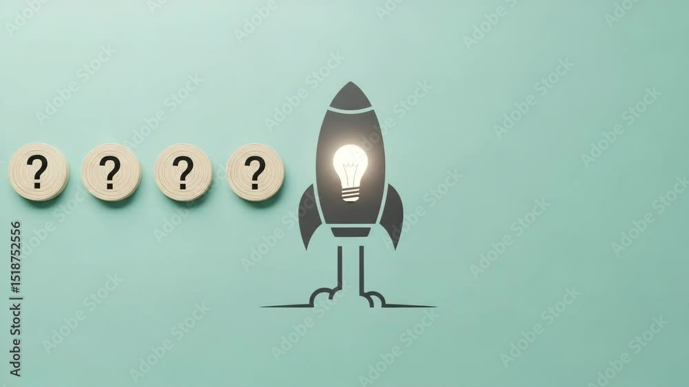 Poster Question marks and a rocket with a lightbulb on a blue background representing innovation and ideas