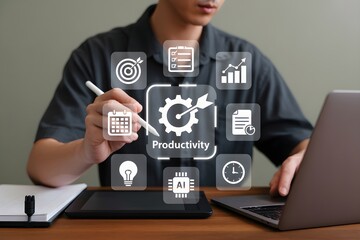 Boosting Productivity with AI and Automation Tools – Hands Using Laptop with Tech Icons for Goals, Scheduling, and Innovation Representing Efficient, Data-Driven Workflow Strategies