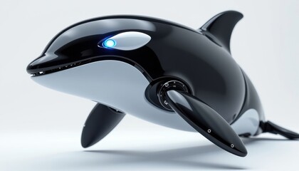 robotic orca whale with smooth black and white metallic skin and glowing blue eyes, full body, pure white background, sharp focus, 300 dpi, 4k resolution   negative fastnegativev2, bad hands 5