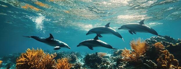 Stunning underwater scene: dolphins gracefully swimming above vibrant coral reef