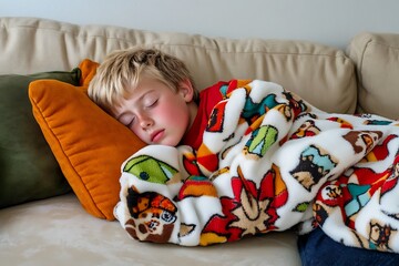 Cozy sleep for young boy living room photography indoor eye-level comfort and relaxation