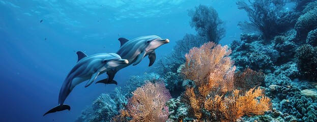 Two dolphins gracefully swimming amidst vibrant coral reef: underwater paradise