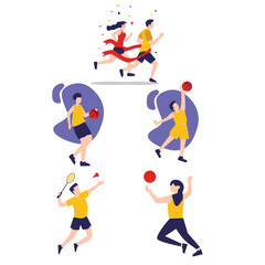 A collection of flat design illustrations depicting various sports and physical activities, including running, basketball, and badminton, celebrating athleticism and competition