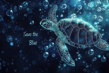 Save the blue: glowing sea turtle in underwater paradise - ocean conservation art