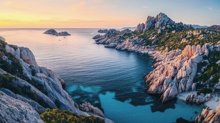 Stunning sunset over granite coastline: breathtaking panoramic view of sardinia's rocky beaches and azure waters. ideal for travel, vacation, and nature photography.