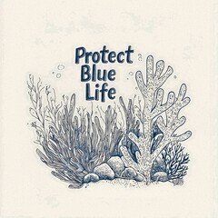 Protect blue life: an ocean conservation  featuring detailed ink drawings of coral reefs and sea life.  support marine ecosystem preservation with this beautiful, artistic illustration.