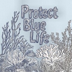 Protect blue life: ocean conservation  - intricate coral reef illustration with hand-drawn style, promoting marine ecosystem preservation and sustainability
