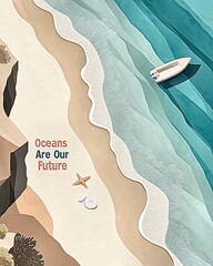 Ocean serenity: coastal  featuring boat, starfish, and inspirational message 'oceans are our future'