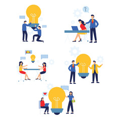 A collection of flat design illustrations showing individuals and teams collaborating, generating ideas, solving problems, and developing new concepts, often symbolized by glowing lightbulbs