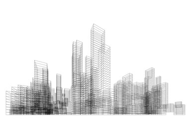 3D wireframe perspective of building. Abstract wireframe city background for template design.
