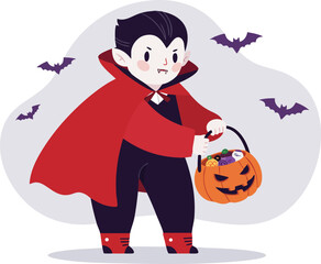 Child dressed as vampire holding pumpkin bucket with bats flying Halloween theme vector illustration 