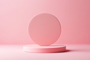 Floating Pink Round Disc on Matching Circular Podium, Soft Monochromatic Background, Minimalist Product Display Stand with Gentle Lighting